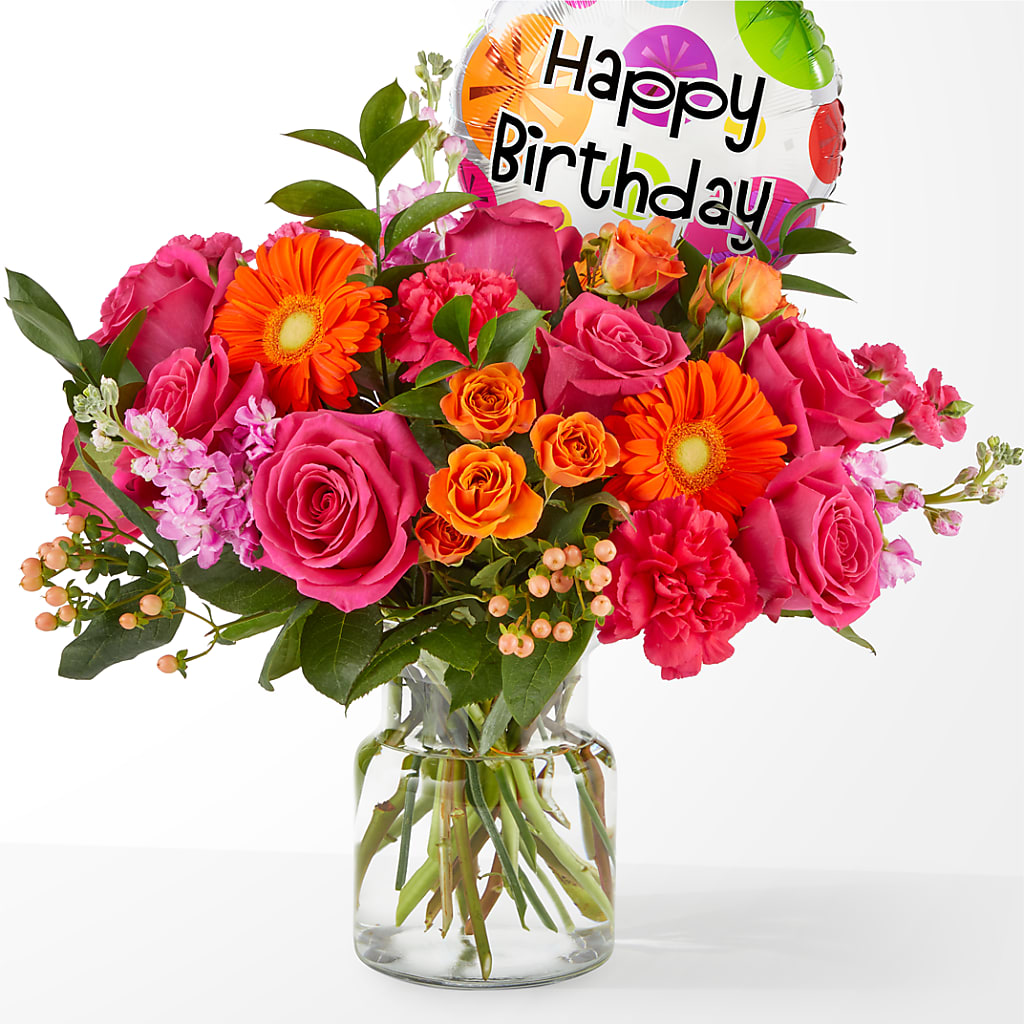 Fiesta Bouquet with Birthday Balloon – Eaton Floral Inc, Eaton OH