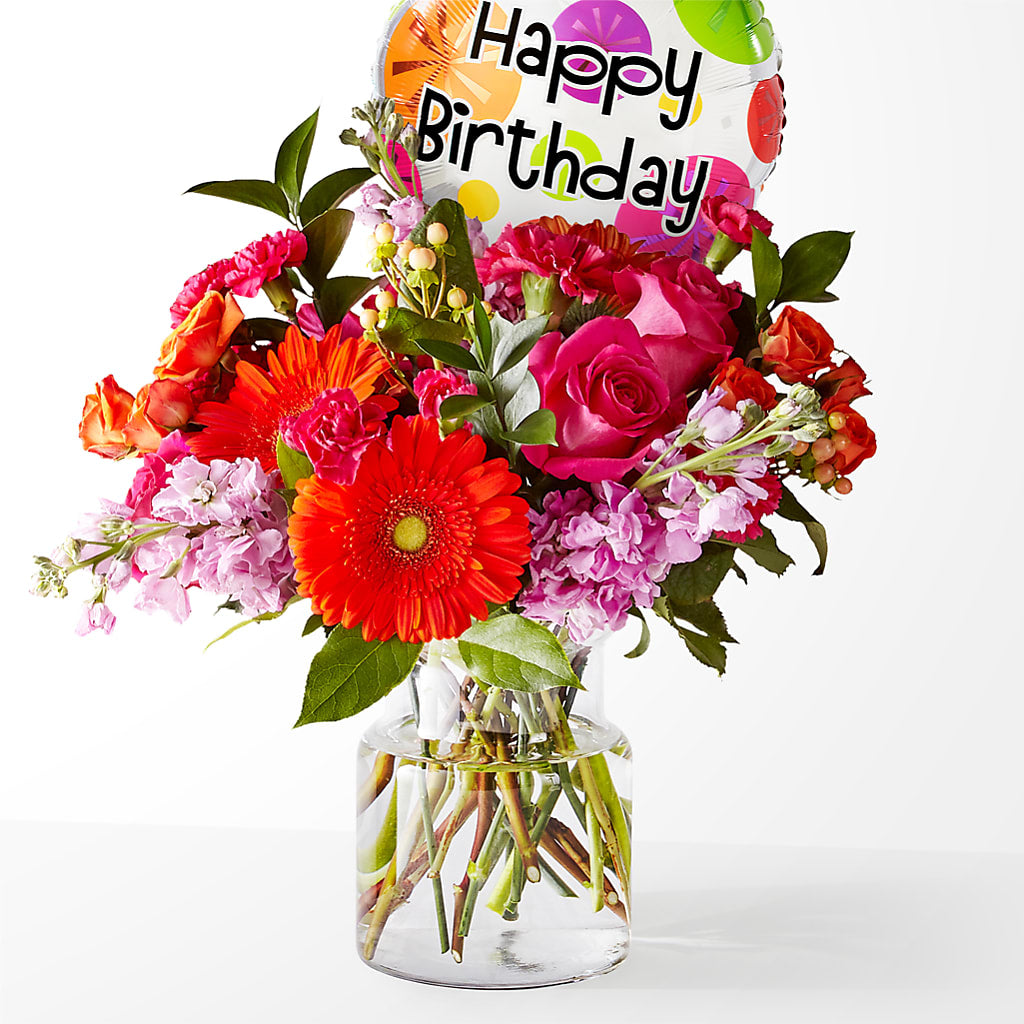 Fiesta Bouquet with Birthday Balloon – Eaton Floral Inc, Eaton OH