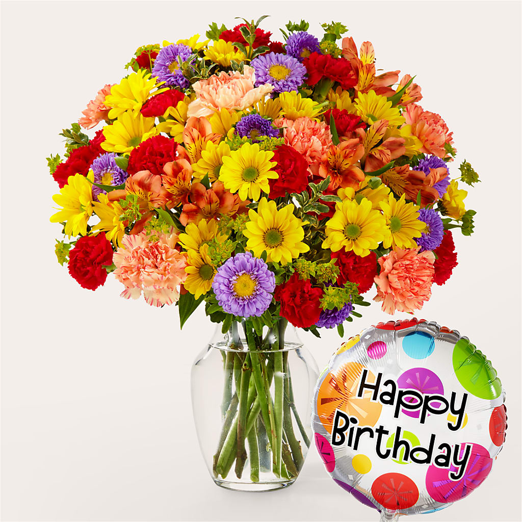 Kaleidoscope Bouquet with Birthday Balloon – Eaton Floral Inc, Eaton OH