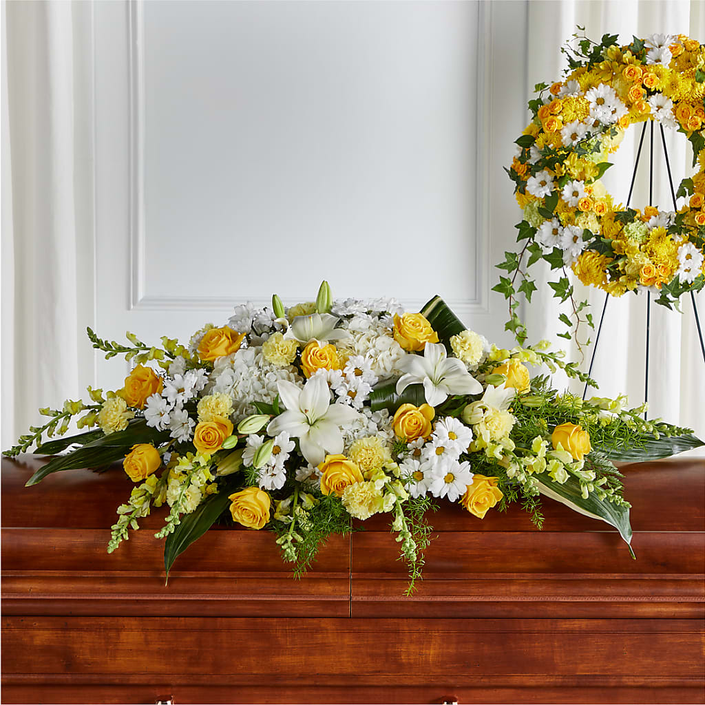 Golden Harmony Casket Spray – Eaton Floral Inc, Eaton OH