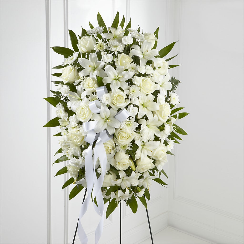 Exquisite Tribute Standing Spray-White Ribbon – Eaton Floral Inc, Eaton OH