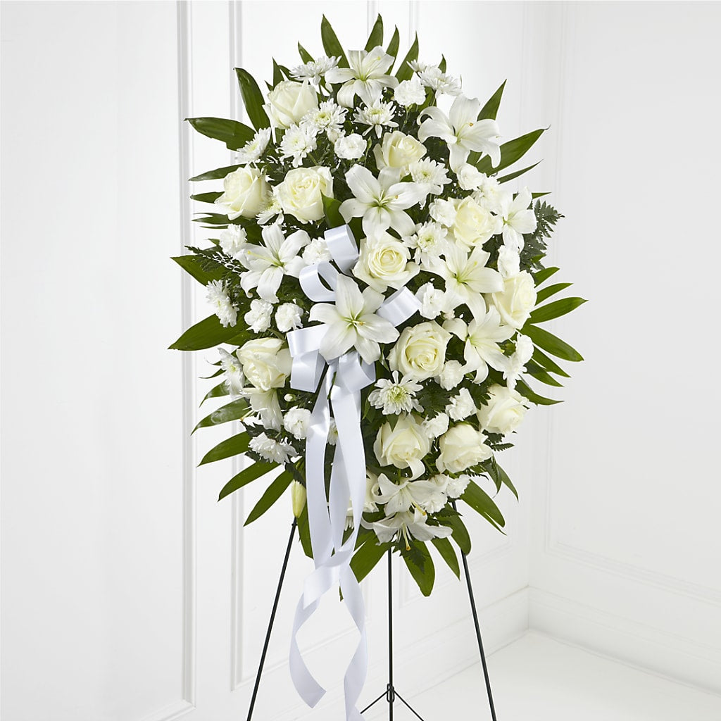 Exquisite Tribute Standing Spray-White Ribbon – Eaton Floral Inc, Eaton OH